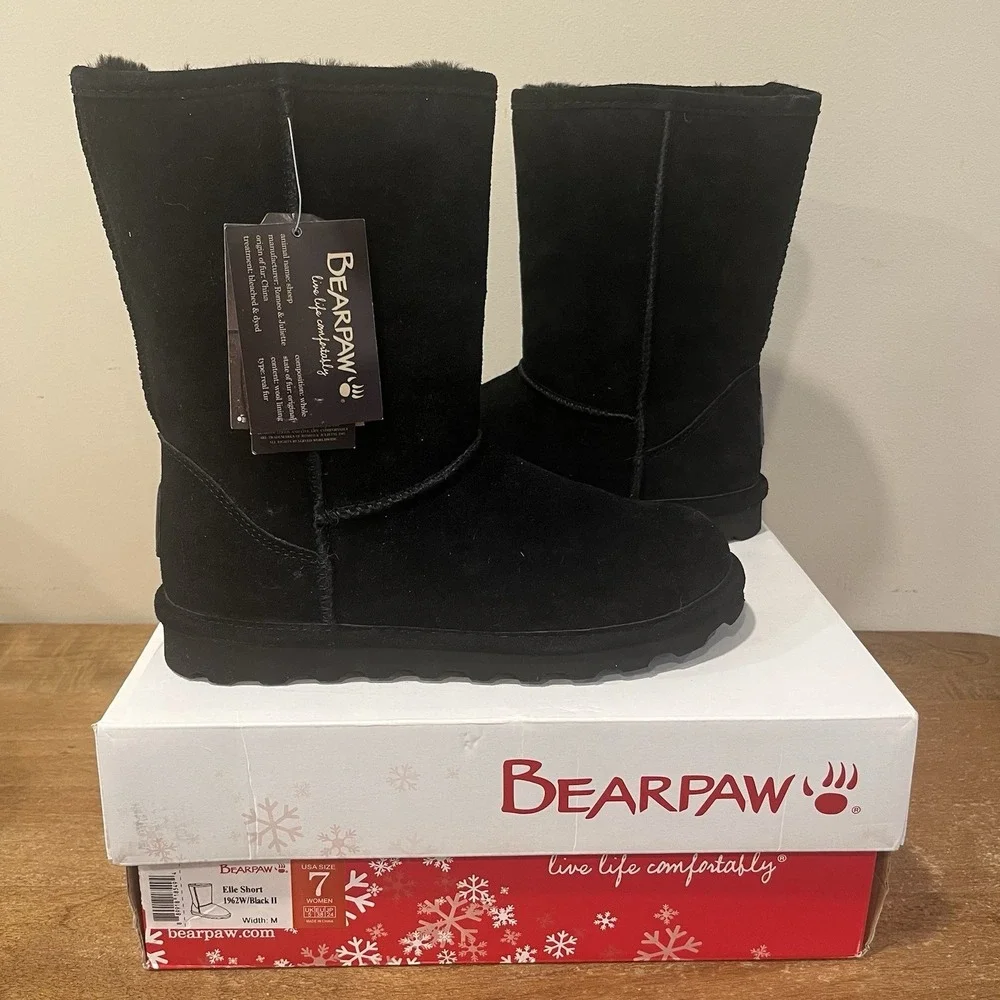 NEW Bearpaw Elle Short 1962W Black Suede Sheepskin Boots Women's Size 7 NWT Box